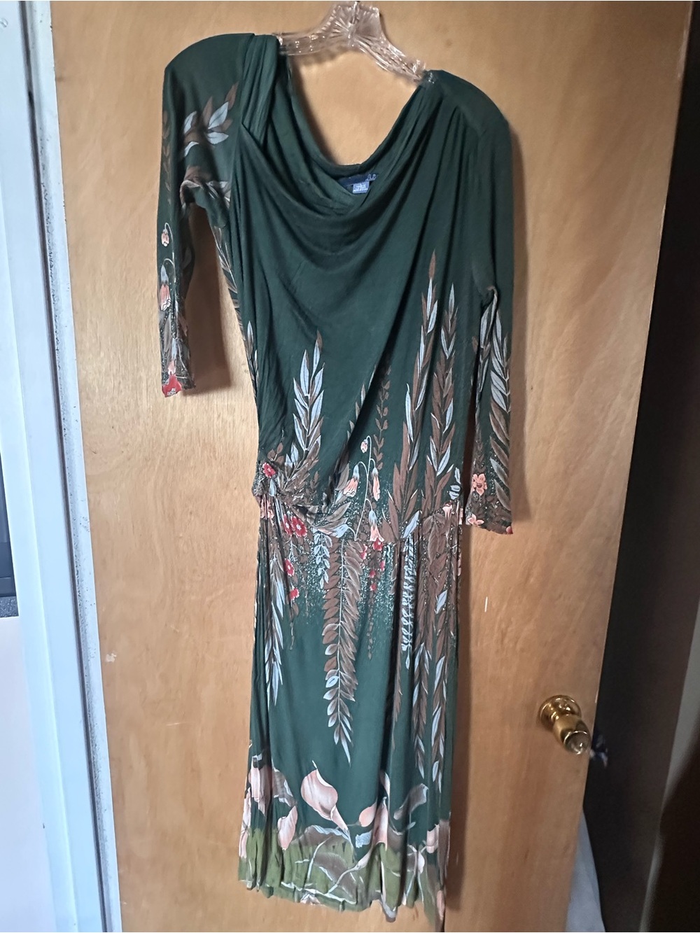 Vintage Anthropologie, Green Floral Jersey Draped Maxi Dress